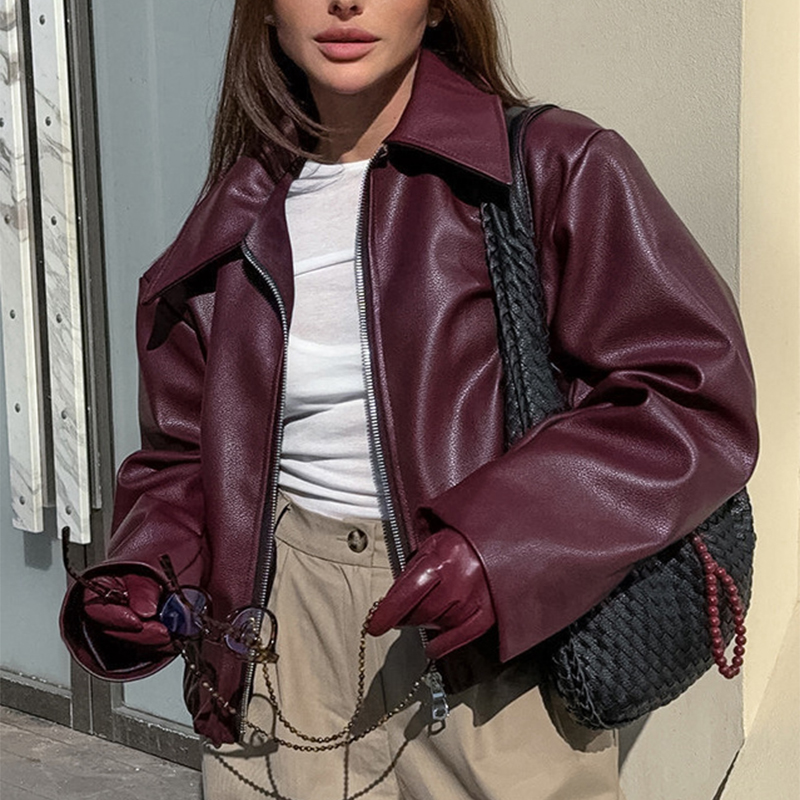 Women's Solid Color Lapel Zipper Jacket