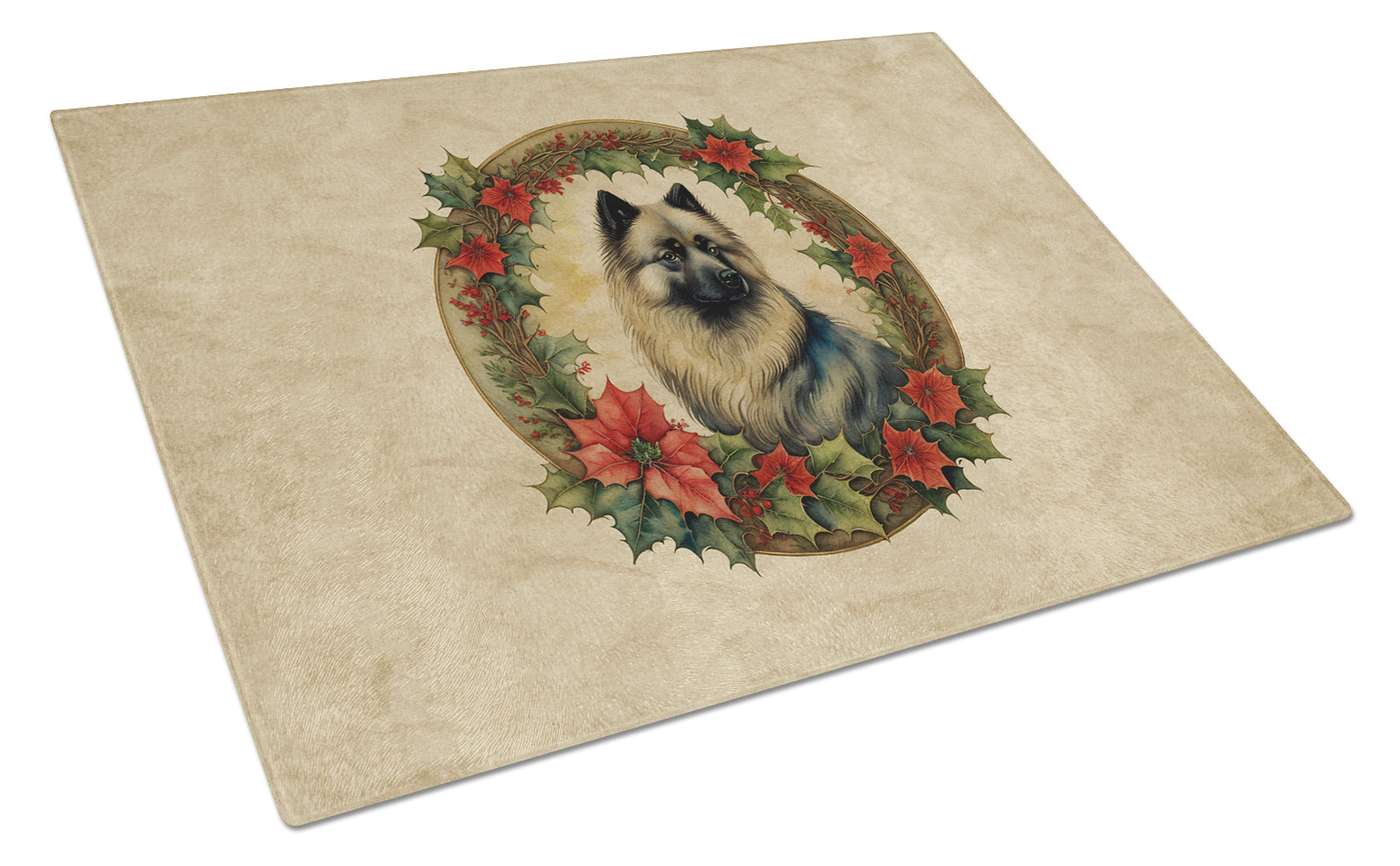 Keeshond Christmas Flowers Glass Cutting Board