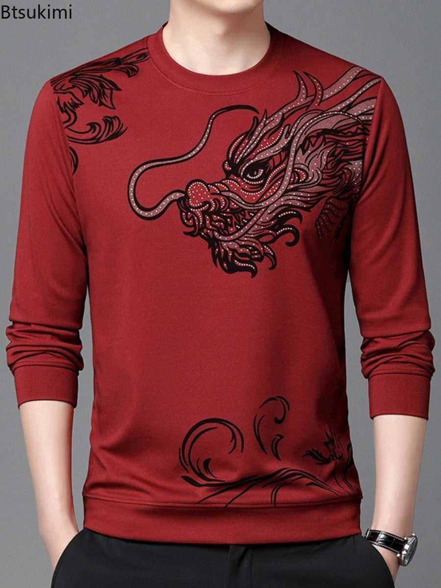 Men's Round Neck Long Sleeve Hoodie with Dragon Print | Streetwear