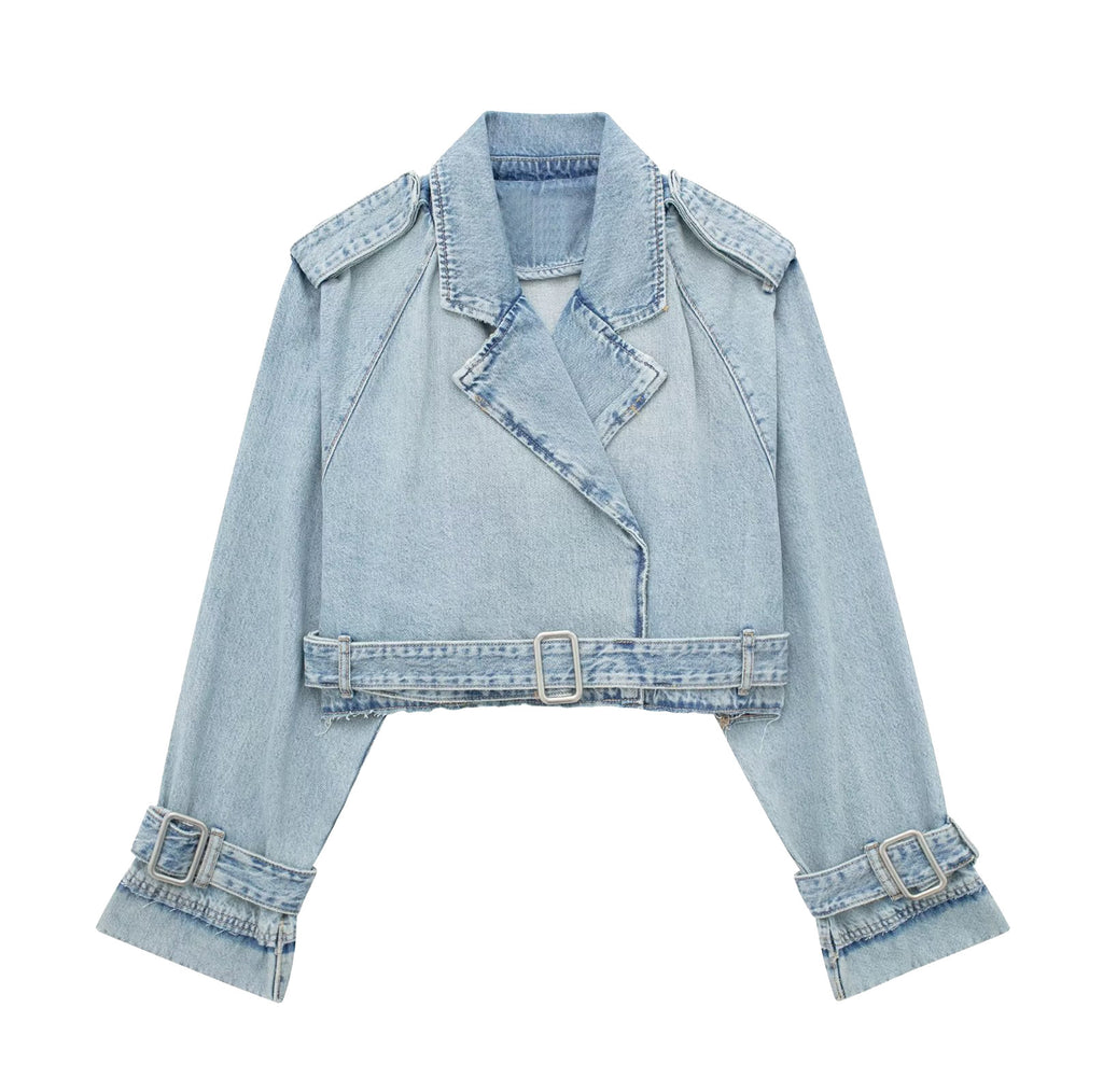 French Style Slim-Fit Denim Windbreaker Blouse with Belt