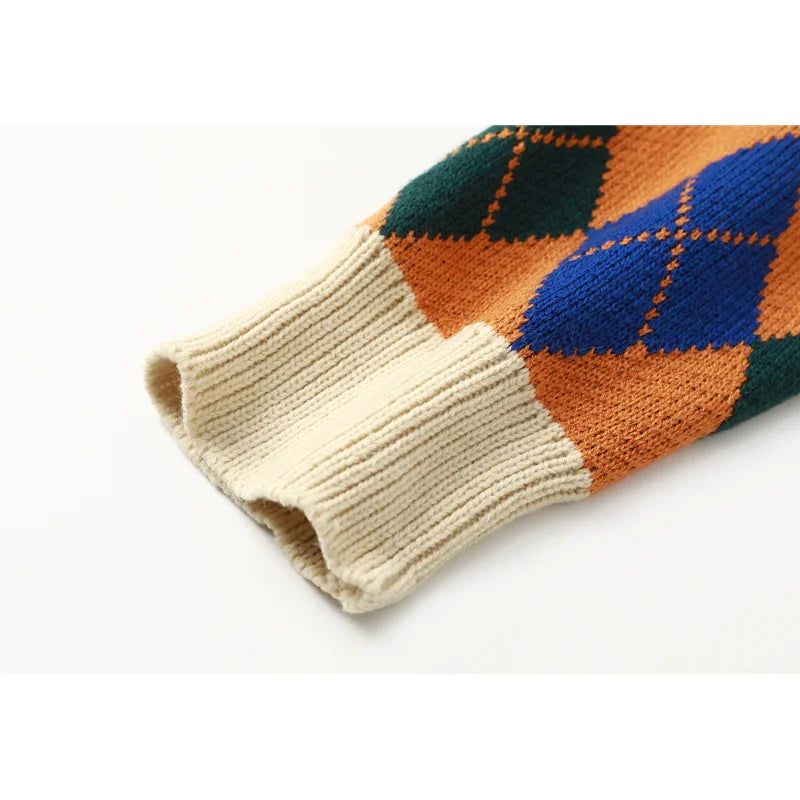 Vintage Argyle Plaid Sweater with Cartoon Pattern for Women