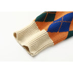 Vintage Argyle Plaid Sweater with Cartoon Pattern for Women