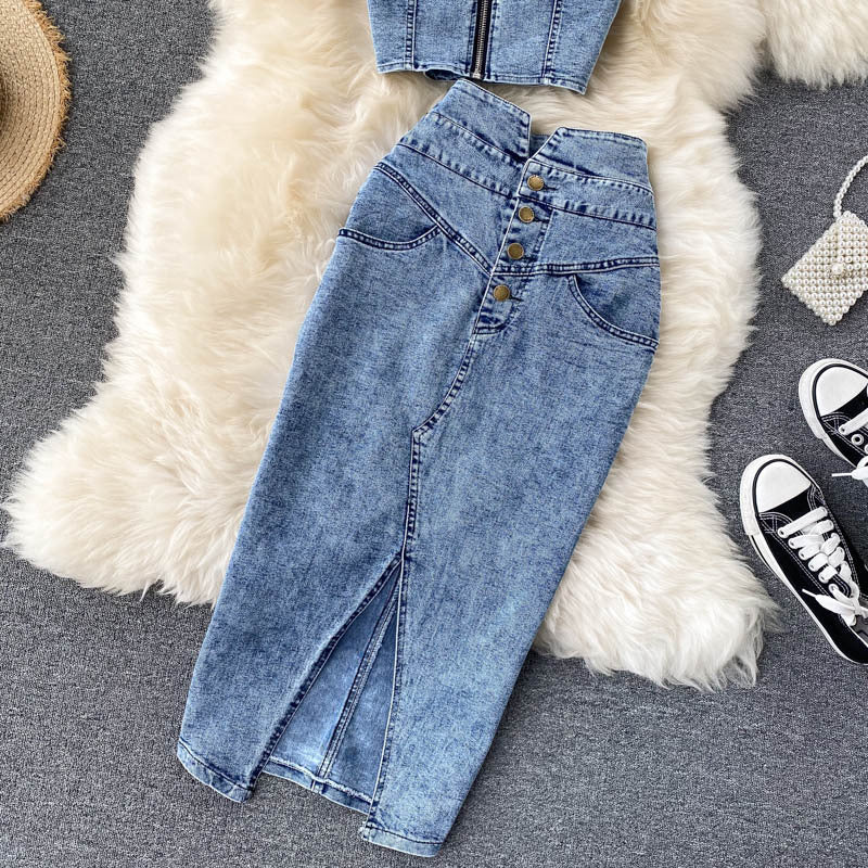 2020 New Women's Ins Style Crop Top & Denim Skirt Set
