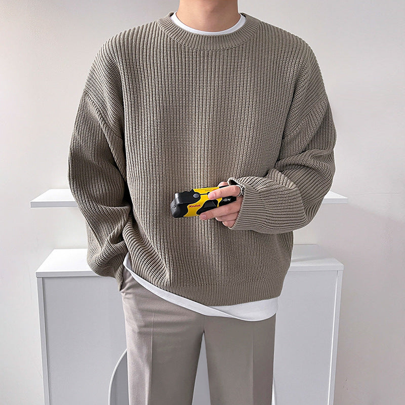Versatile Solid Color Crew Neck Men's Slouchy Sweater