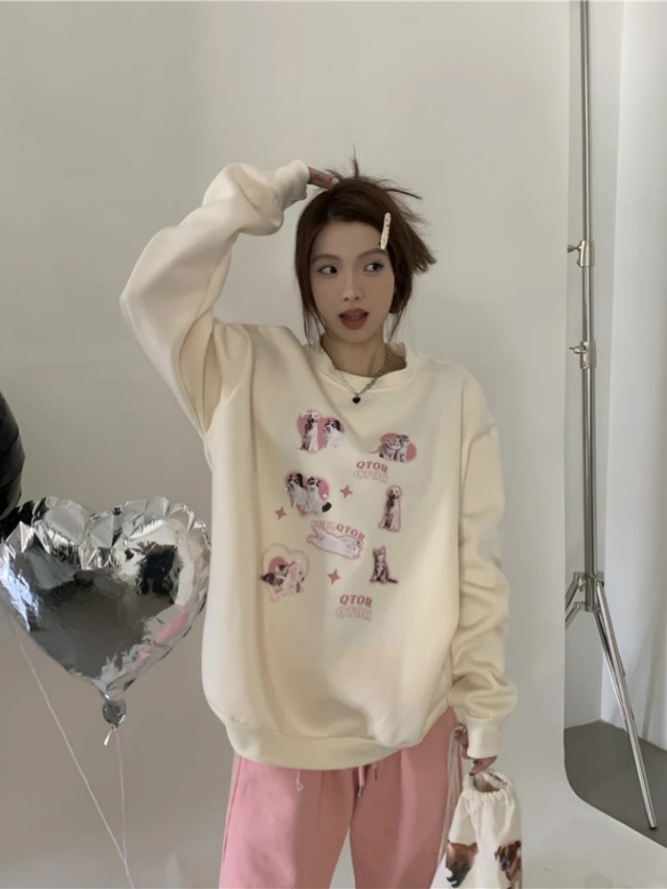 ADAgirl Kawaii Dog Print Oversized Hoodie for Women
