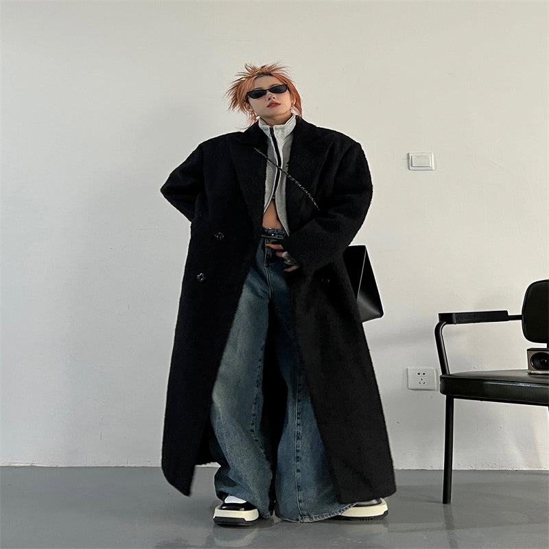 Thick Black Loose Velvet Woolen Coat in British Style