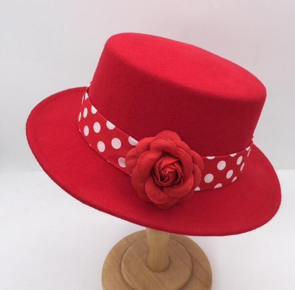 Elegant Red Wool Tweed Wide Brim Hat with Flowers | Embroidered Cap