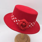 Elegant Red Wool Tweed Wide Brim Hat with Flowers | Embroidered Cap