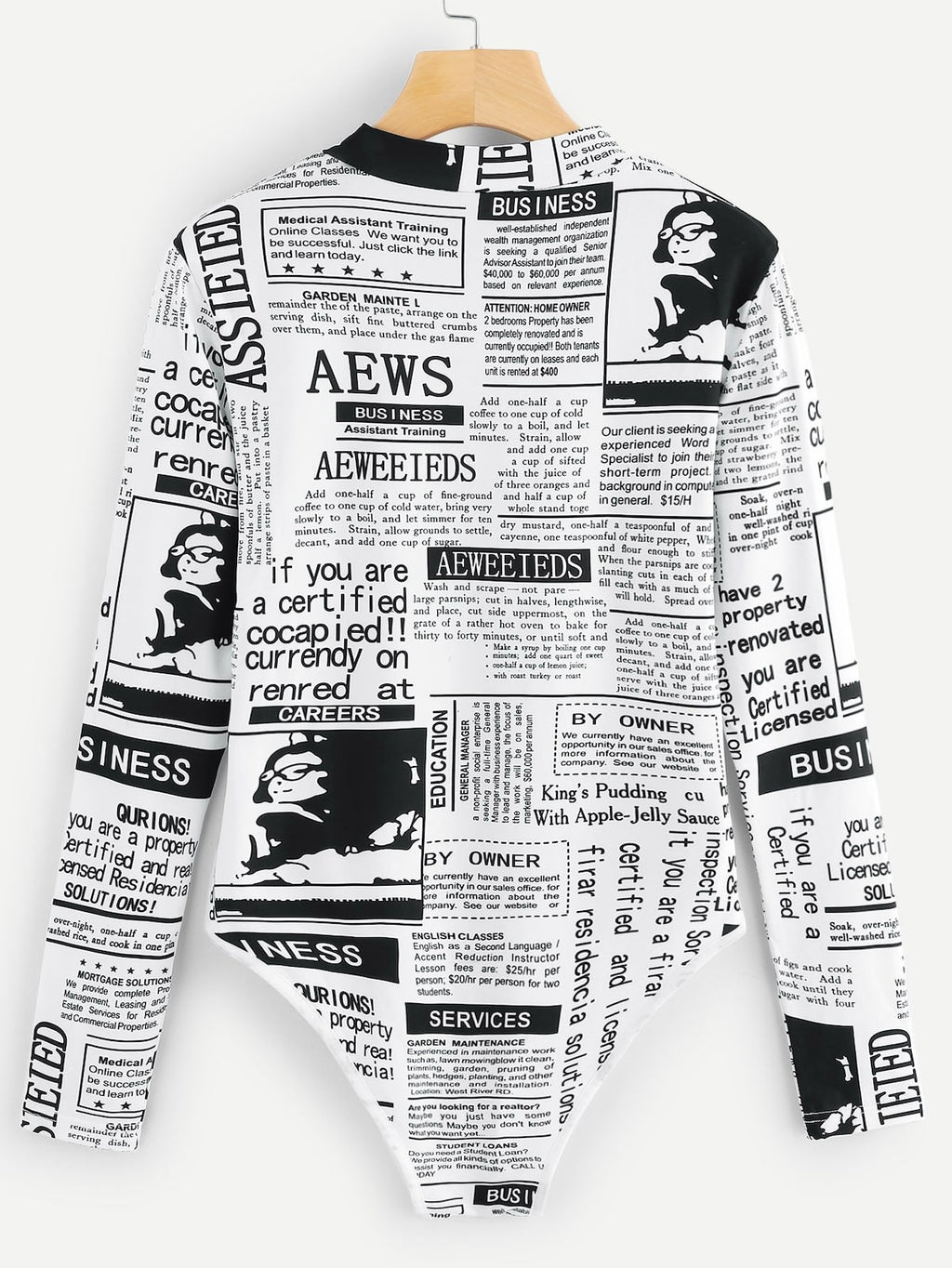 Printed Stand Collar Bodysuit with Long Sleeves