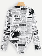 Printed Stand Collar Bodysuit with Long Sleeves