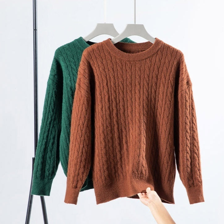 Vintage Twist Round Neck Thick Sweater