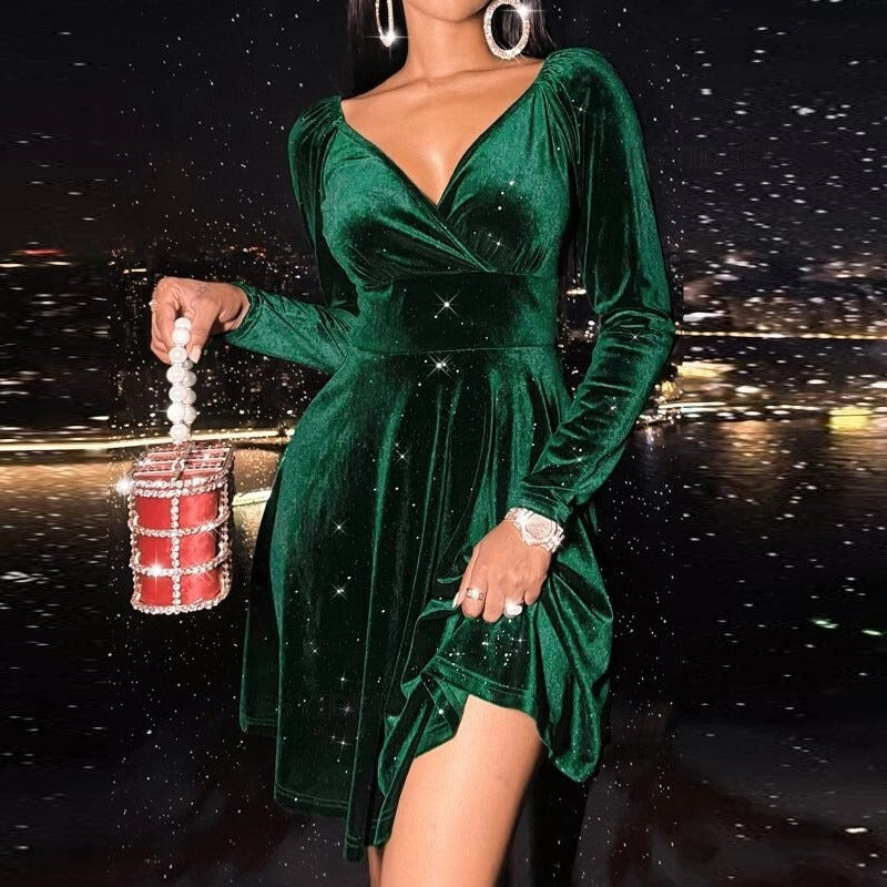 V-neck Christmas Long Sleeve Midi Dress
