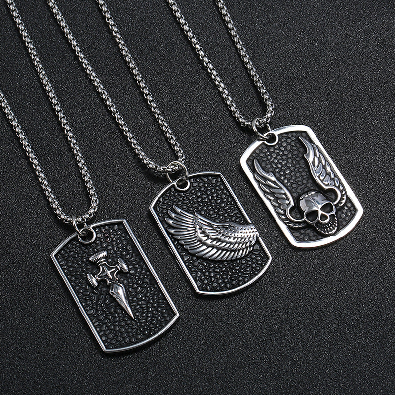 Winged Skull Dog Tag Pendant Necklace
