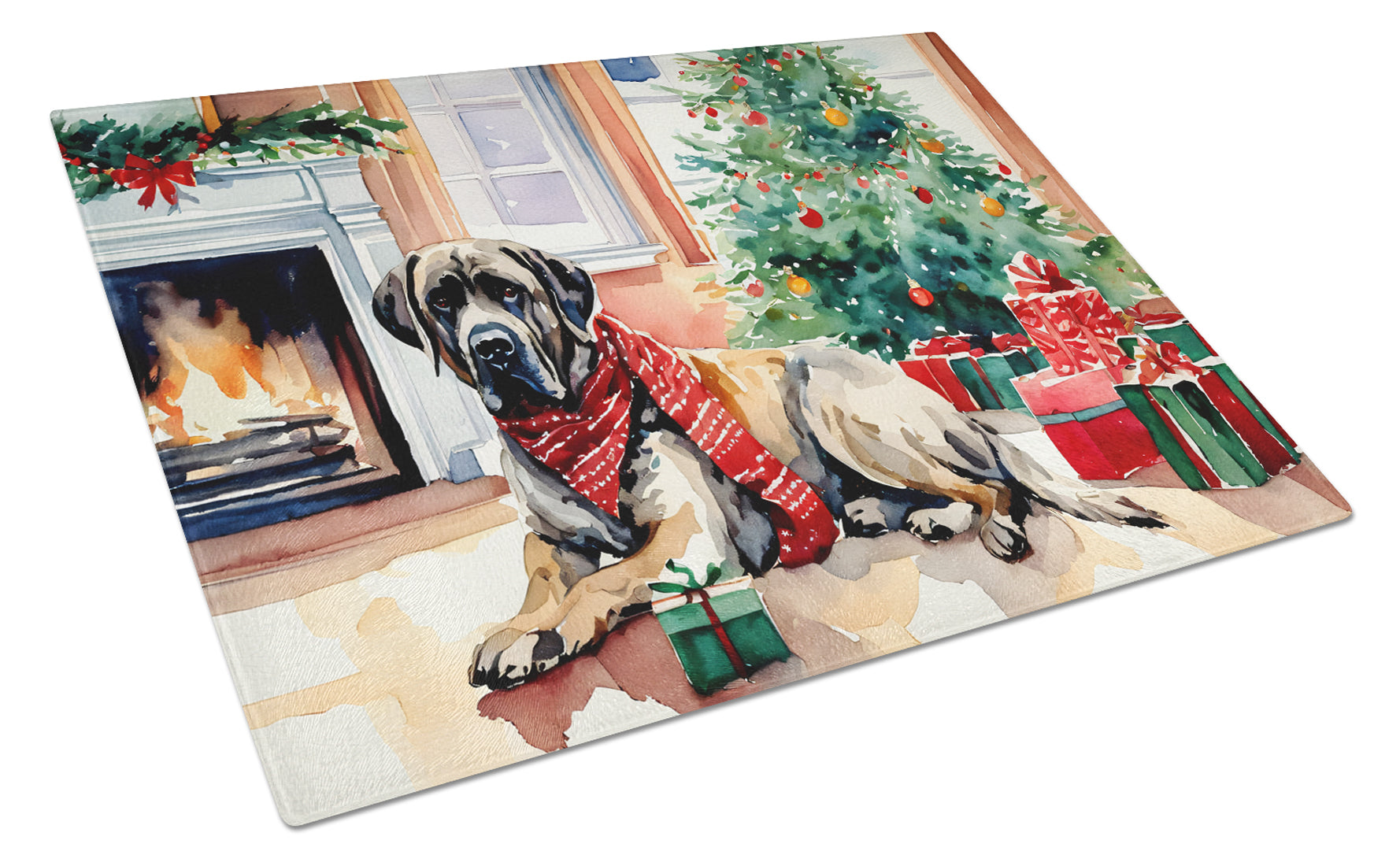 Mastiff Cozy Christmas Glass Cutting Board