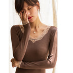 Wool Thermal Underwear Set for Women - Long Sleeve Lace