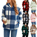 Women's Hooded Plaid Plush Sweater with Long Sleeves