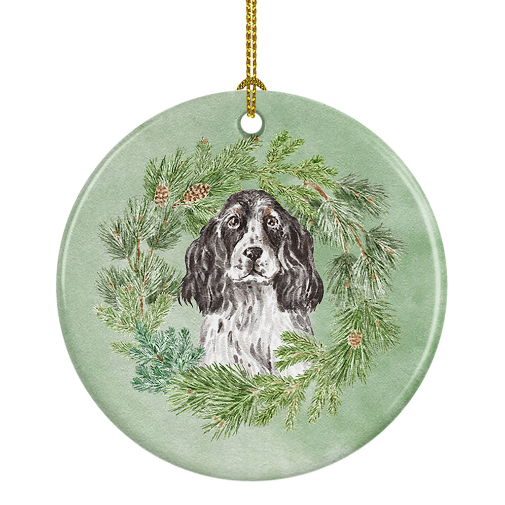 Cocker Spaniel Black and White Ticked Christmas Wreath Ceramic Ornament