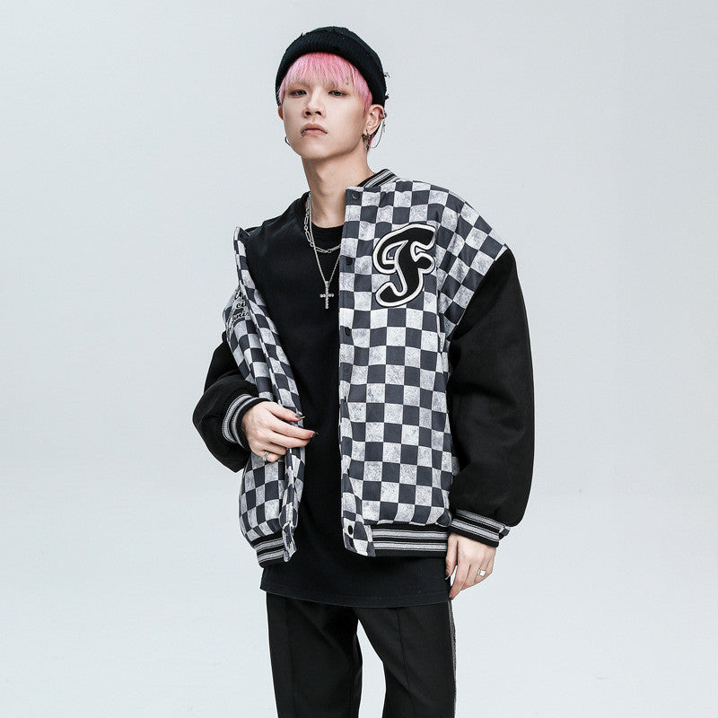 Plaid Quilted Cotton Baseball Jacket for Casual Wear