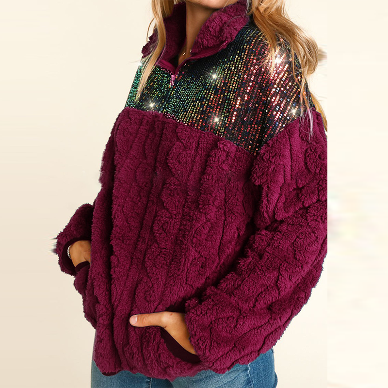 2024 Women's Splicing Sweatshirt Coat with Sequins | Streetwear