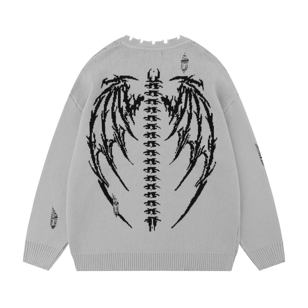 Ripped Round Neck Sweater with Skull Skeleton Design