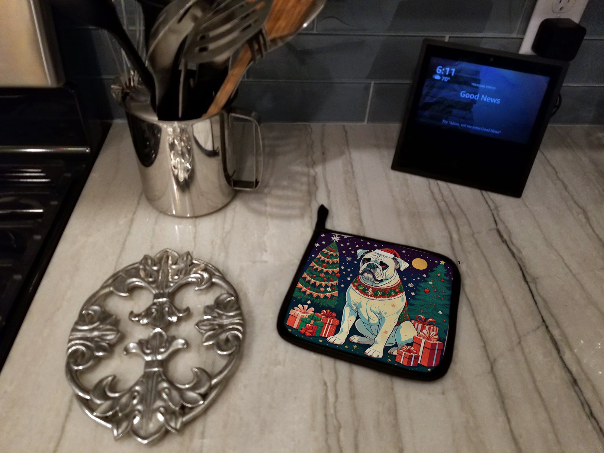 White Boxer Christmas Pair of Pot Holders