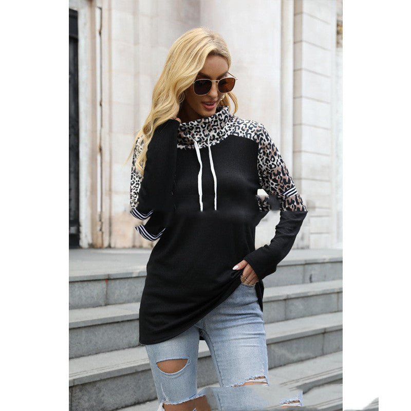 Leopard Contrast High Neck Long Sleeve Sweatshirt | Streetwear
