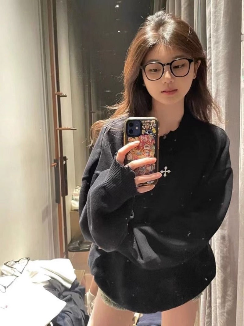 American Retro Black Thick Knit Sweater for Women