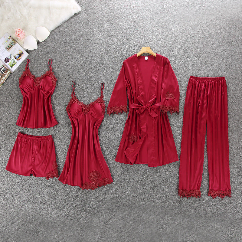 Silk Lace Nightgown Set with Padded Robe (5 Pieces)