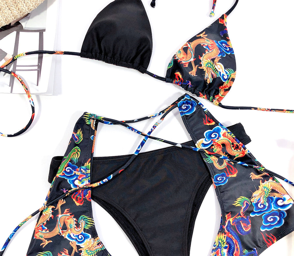 Printed Patchwork Swimwear, Bikini, 3-Piece Set