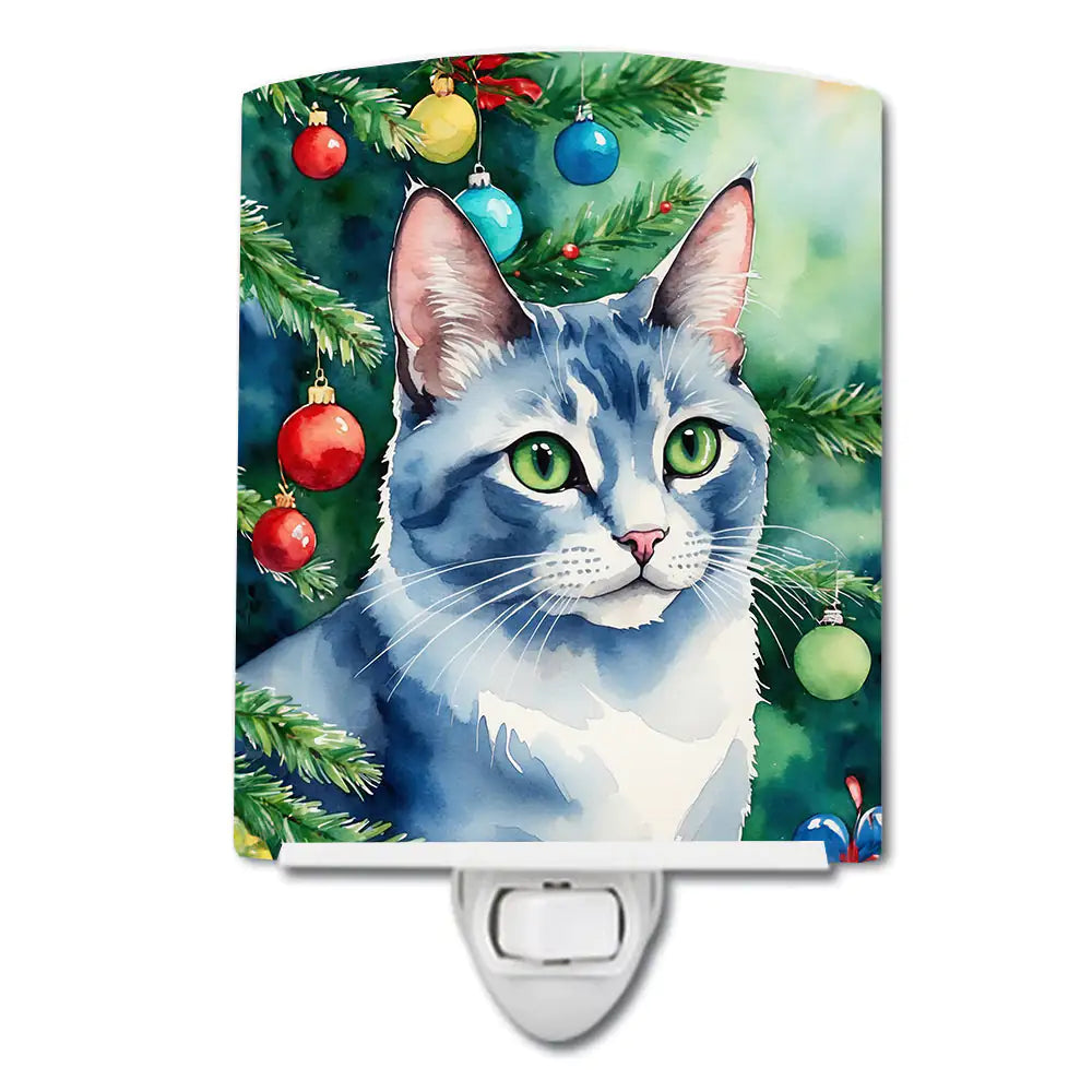 Ojos Azules Cat By the Christmas Tree Ceramic Night Light