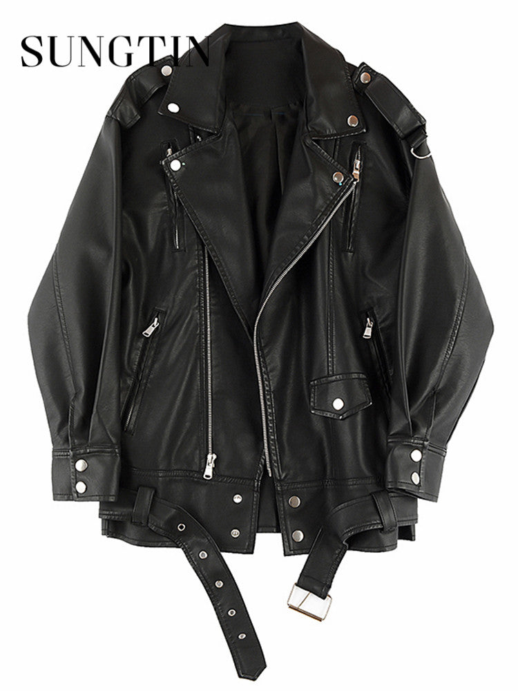 Sungtin Women's Black Faux Leather Jacket with Belt