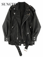 Sungtin Women's Black Faux Leather Jacket with Belt