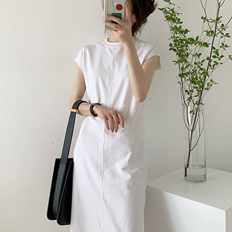New Cotton Long Dress with Side Slit and Short Sleeves
