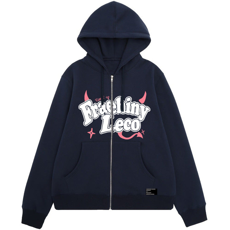Fraehiny Printed Hooded Zipper Cardigan Sweater