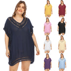 Solid Color V-Neck Crochet Beach Cover-Up Dress A1965