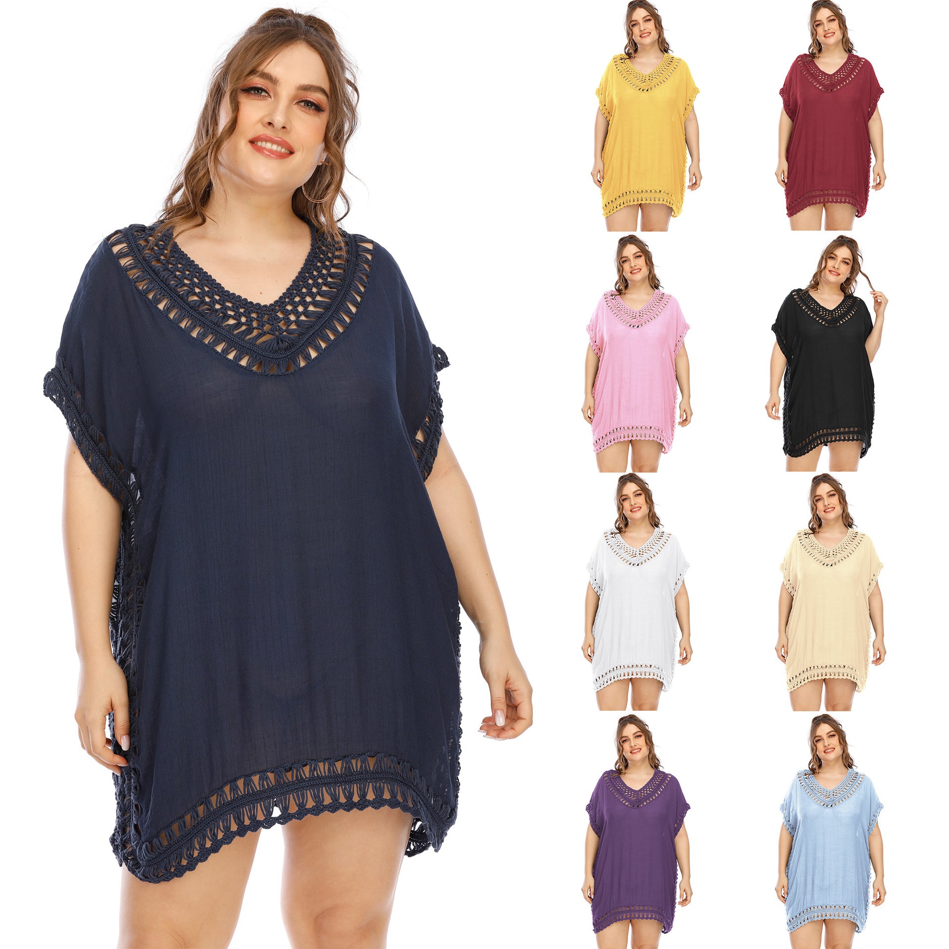 Solid Color V-Neck Crochet Beach Cover-Up Dress A1965
