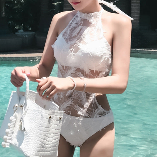 Feather Lace Halter Triangle One-Piece Swimsuit
