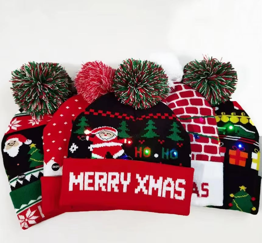 New Style! LED Christmas Hat Beanie Light up Illuminate Warm Hat 48 Patterns New Year Snowman Sweater Hat Christmas Decorations | Embroidered Cap