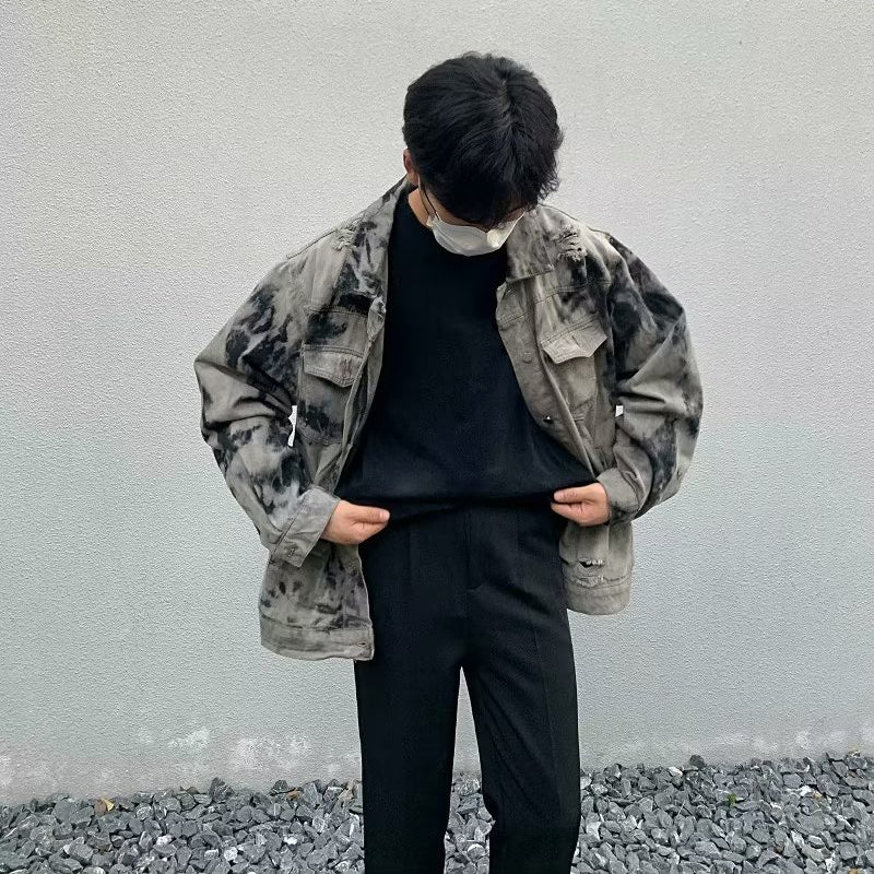 Men's Hip-hop Color Block Denim Jacket with Pockets