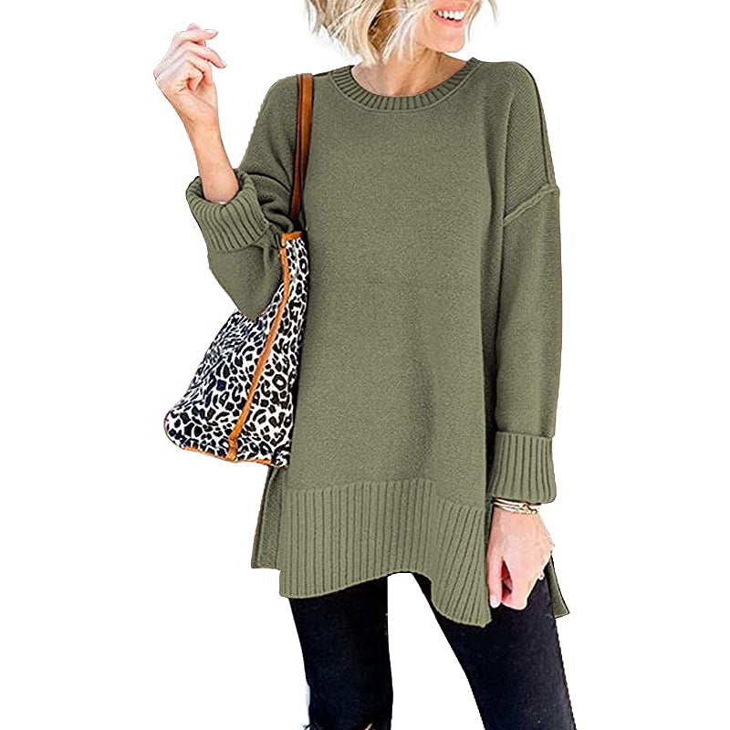 Loose Wool Knit Pullover Top with Side Slit and Long Sleeves | Streetwear