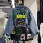Women's Spliced Graffiti Print Denim Jacket for Streetwear