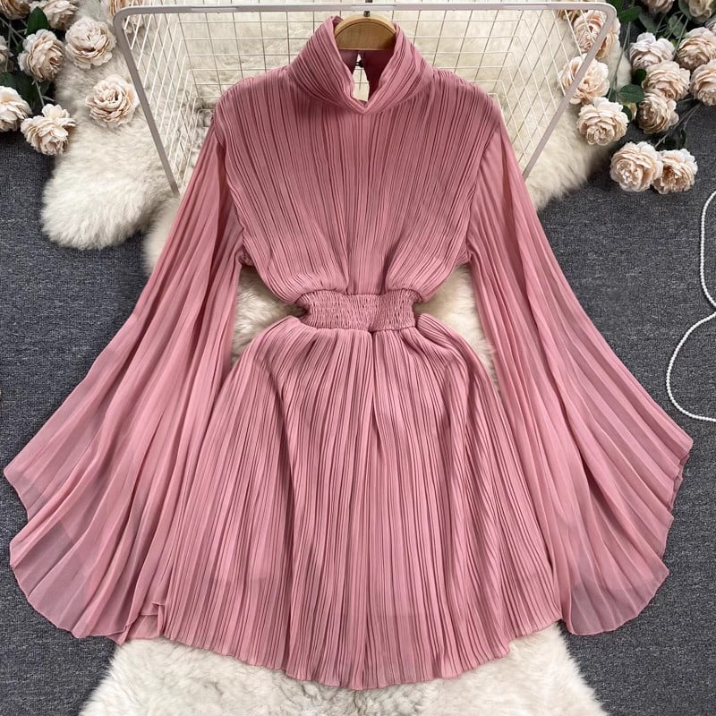 Pleated Flared Sleeve Turtleneck Dress