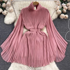 Pleated Flared Sleeve Turtleneck Dress
