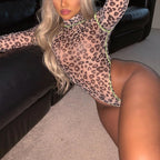 Women's Leopard Print High-Neck Mesh Bodysuit