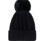 Warm Fleece-Lined Slouchy Knit Beanie with Pompom | Embroidered Cap