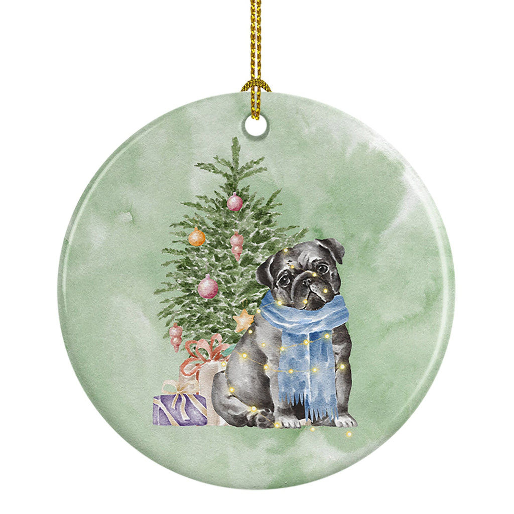 Pug Black Christmas Presents and Tree Ceramic Ornament
