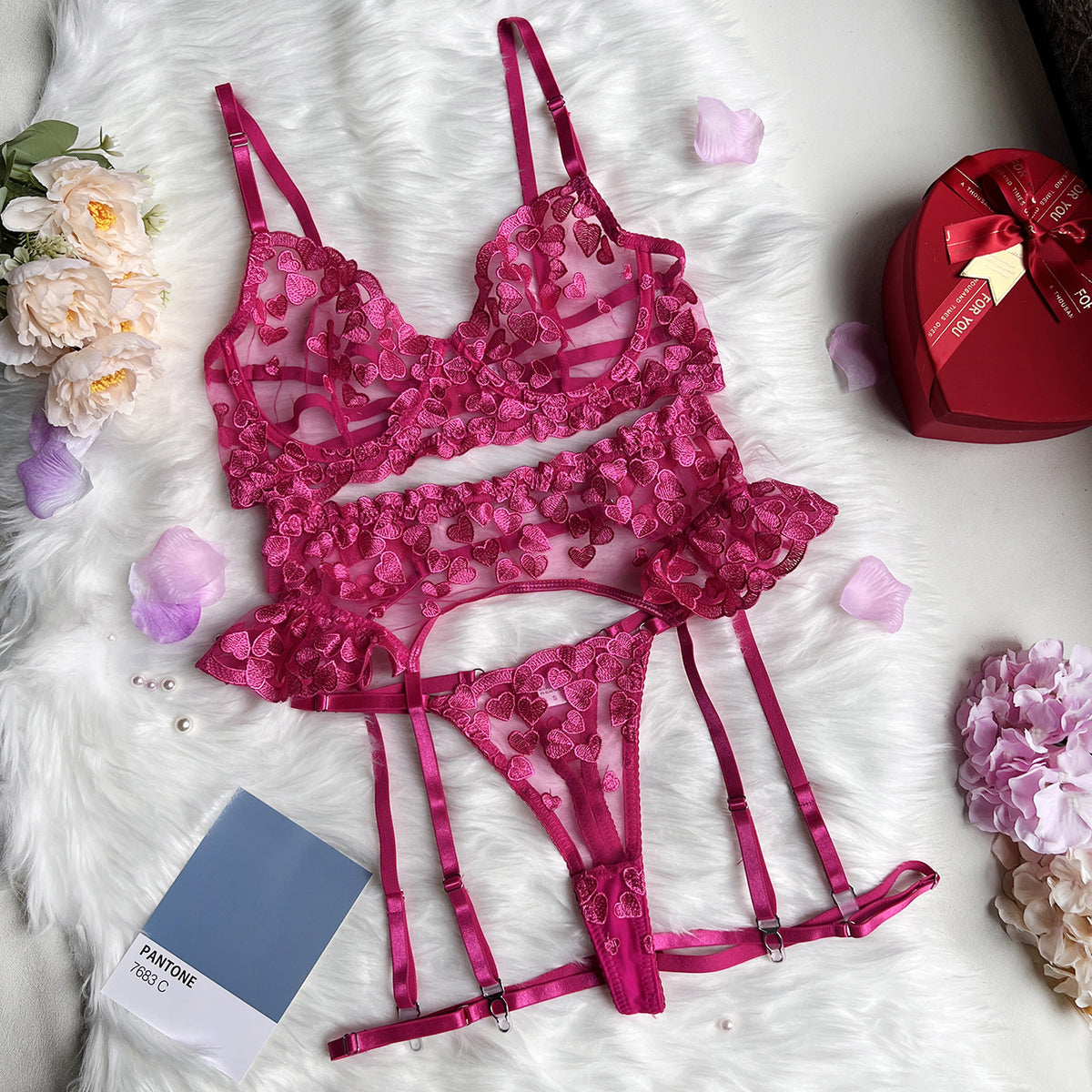 DIER Love Heart Embroidered Lingerie Set