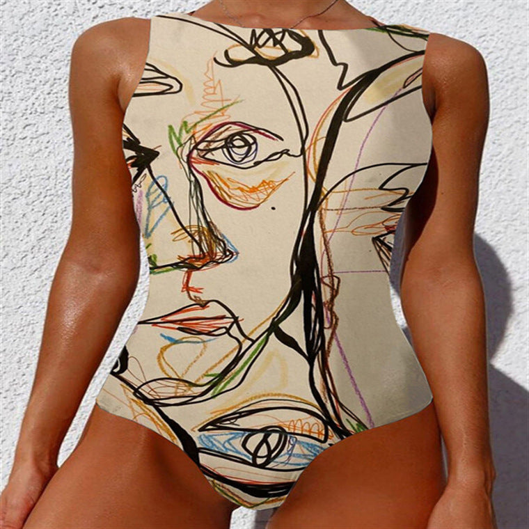 Plunge V Floral Vine Print One-Piece Swimsuit