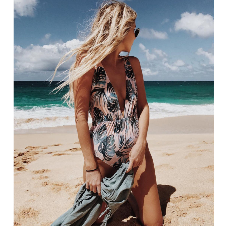 Triangle One-Piece Deep V Sexy Swimsuit with Print