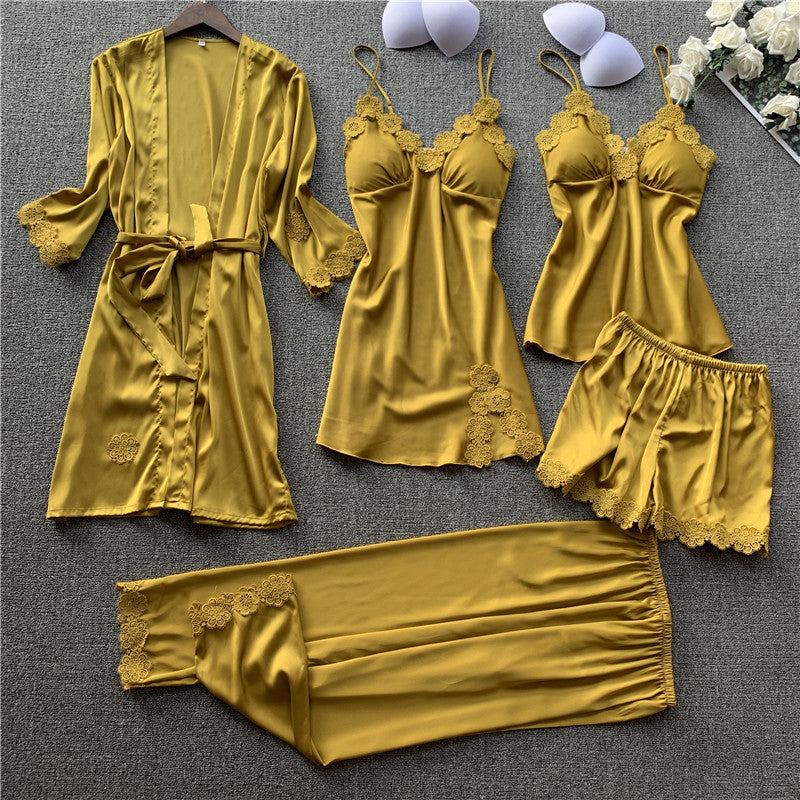 Silk Five-Piece Women's Sleepwear Set with Bra Pads